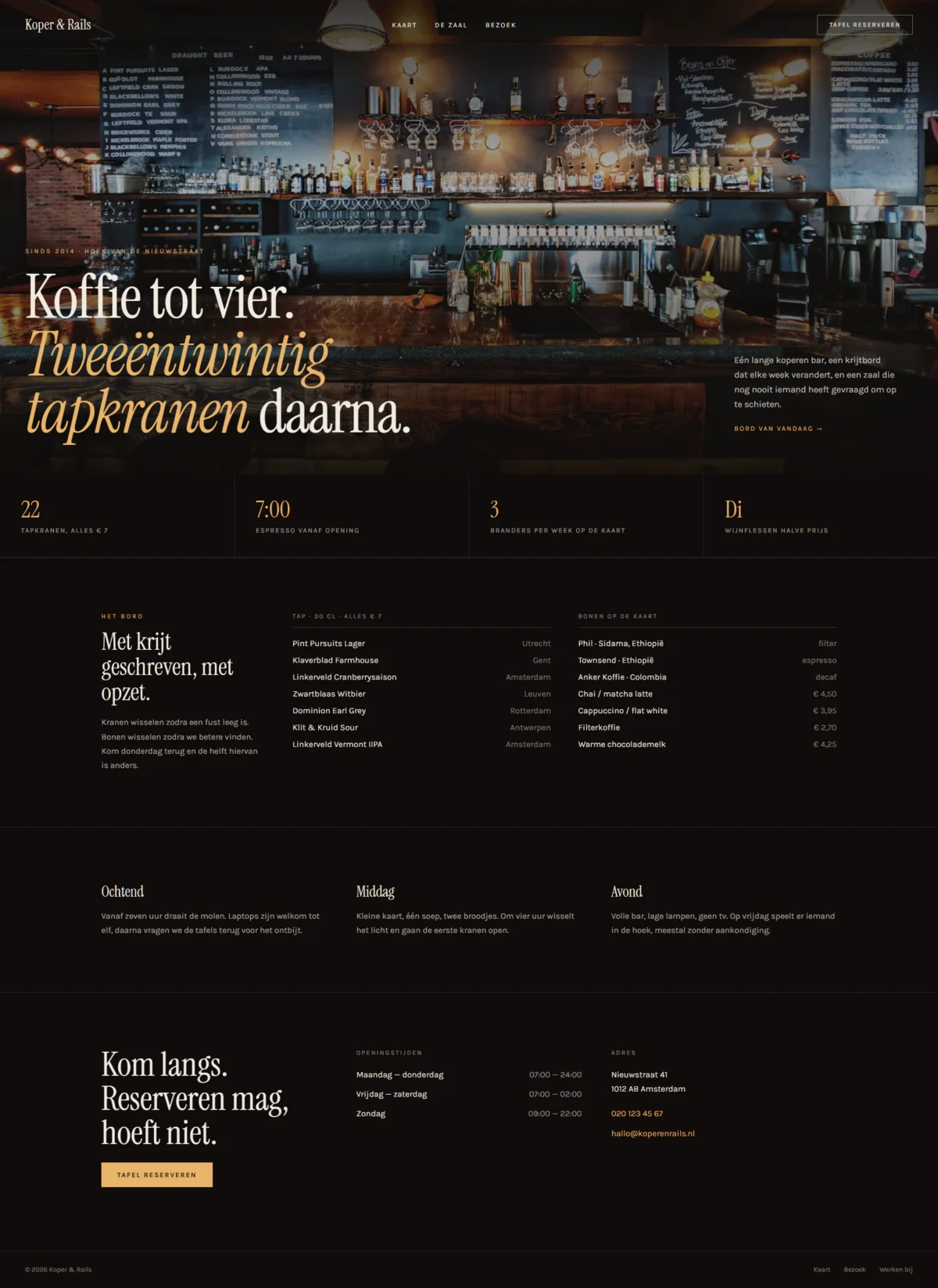 Voorbeeld van een website voor een winkel of restaurant, met openingsuren, aanbod en route